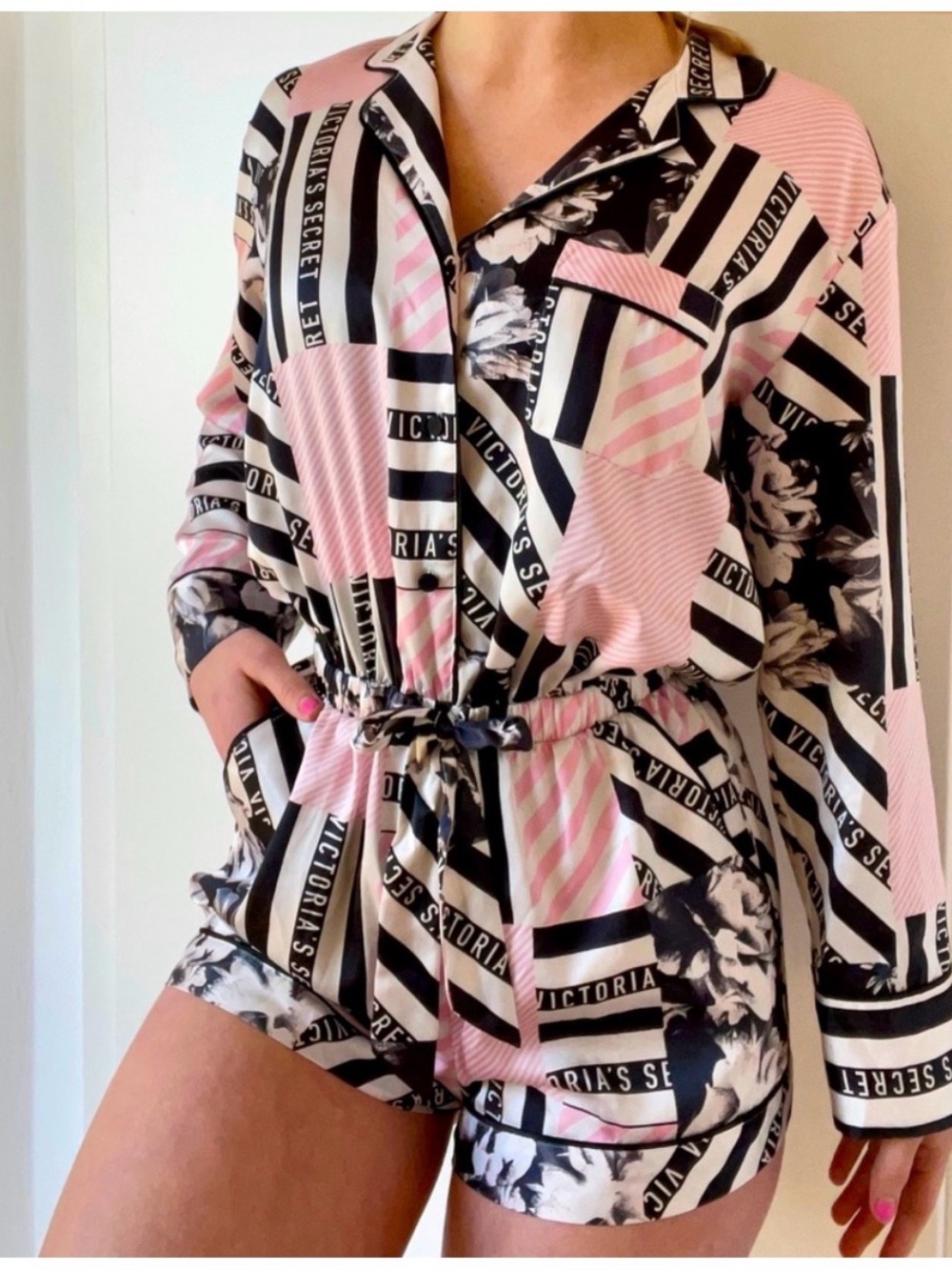 Victoria's Secret Pink, Black & White Logo Print Satin Romper